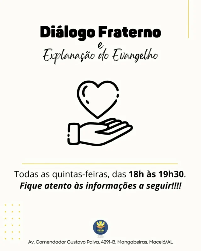 *DIÁLOGO FRATERNO • 18h às 19h30*. O Atendimento é PRESENCIAL, por ordem de chegada, todas as quintas-feiras, no casarão do Lar São Domingos. 
✅ Das *19h às 19h30*, acontece também a Explanação do Evangelho do Tratamento Espiritual, no auditório do Lar São Domingos. • 📗 Tema de hoje: Perdão das Ofensas 📕 Leitura de preparação: Livro Pão Nosso, item 120 "Conciliação" • 📘 Leitura do Evangelho Segundo o Espiritismo: Cap. X, item 15
_🌱 Leve consigo seu copo ou garrafa para beber água. 💖 Temos Atendimento Fraterno também às terças. Qualquer dúvida, consulte-nos._