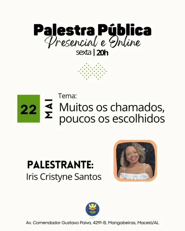 🎤PALESTRA PÚBLICA • 22/05 • 20h • Presencial e Online • no auditório do Lar São Domingos • Palestrante: Iris Cristyne Santos • Tema: Muitos os chamados, poucos os escolhidos
Transmissão: 🎥 FEJA: Youtube 🔴 LINK NA BIO 🔴
🌱 Leve consigo seu copo ou garrafa para beber água. Qualquer dúvida, consulte-nos.