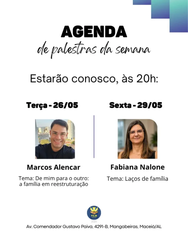 ❇️ Palestras Públicas dessa semana na FEJA:
🌟 Terça • 26/05 • 20h • Presencial e Online: Marcos Alencar com o tema 'De mim para o outro: a família em reestruturação' 
🌟 Sexta • 29/05 • 20h • Presencial e Online: Fabiana Nalone com o tema 'Laços de família' 
⛈️ Durante o período de chuvas, as palestras de sexta, assim como as de terça, acontecerão no casarão do Lar São Domingos. Esperamos você! 💙