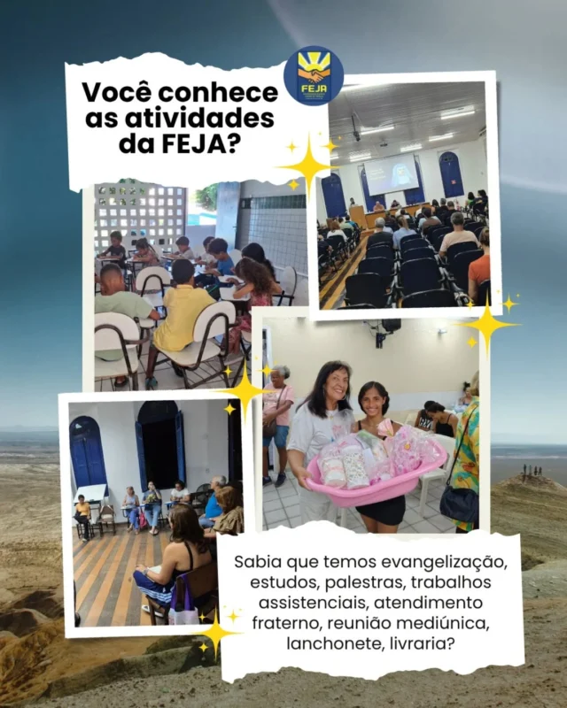 ✔️Presencial e Online
✅ Palestras - Terças e Sextas: 20h
✅ Estudos - Terças: 19h; Quartas: 19h30; Quintas: 19h, 19h30, 20h e 21h; Sextas: 19h; Sábados: 15h
✔️Presencial
✅ Evangelização (crianças e jovens) - Terças: 20h
✅ Atendimento Fraterno - Terças: 19h; Quintas: 18h
✅ Explanação do Evangelho - Quintas: 19h
✅ Assistência Social - Gestantes/Quartas: 14h; Nutrizes/1° Sábado: 8h; Famílias do Lar São Domingos/3° Sábado: 13h30
✅ Livraria - Terças e Sextas: 18h30 às 21h; Quintas, 18h às 20h; Sábados, 14h às 16h30
✅ Lanchonete em prol das Gestantes - um sábado por mês (no dia do Bazar Chic): 9h às 14h
🔸 Qualquer dúvida ou informação complementares envie uma mensagem para que possamos esclarecer!
Abraços Fraternos