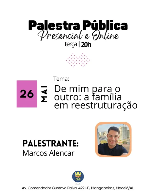 🎤 PALESTRA PÚBLICA • 26/05 • 20h • Presencial e Online • no auditório do Lar São Domingos • Palestrante: Marcos Alencar • Tema: De mim para o outro: a família em reestruturação
Transmissão: 🎥 FEJA: Youtube 🔴 LINK NA BIO 🔴 + Sistema Deus Conosco de Comunicação (site/webradio) 
🌱 Leve consigo seu copo ou garrafa para beber água. 🫂 Temos Atendimento Fraterno das 19h às 20h. 🛗 Temos acesso com elevador para idosos e pessoas com dificuldades motoras. Qualquer dúvida, consulte-nos.