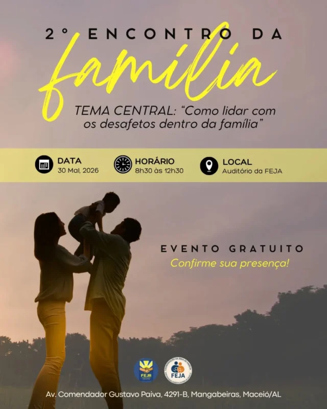 NO PRÓXIMO SÁBADO seu compromisso é com a Área da Família da Fraternidade Espírita Joanna de Angelis, que te convida para o 2° ENCONTRO DA FAMÍLIA, com o tema “Como lidar com os desafetos dentro da família”.
Anote ai: dia 30 de maio, 8h30 às 12h30, no auditório da FEJA (Av. Comendador Gustavo Paiva, 4291-B). Sua presença é importante!
Evento gratuito, aberto a todo o movimento espírita alagoano. 💛 Eperamos você!