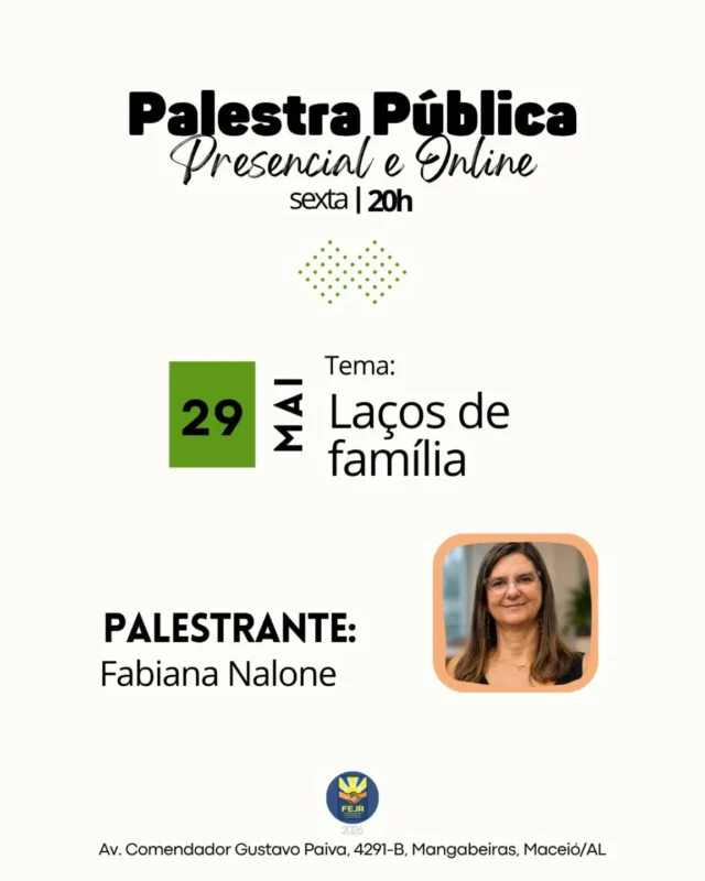 🎤PALESTRA PÚBLICA • 29/05 • 20h • Presencial e Online • no auditório do Lar São Domingos • Palestrante: Fabiana Nalone • Tema: Laços de família
Transmissão: 🎥 FEJA: Youtube 🔴 LINK NA BIO 🔴
🌱 Leve consigo seu copo ou garrafa para beber água. Qualquer dúvida, consulte-nos.