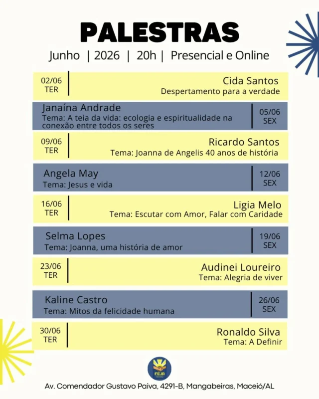 🗓️ Agenda das palestras do mês de JUNHO na FEJA: Tema central: Joanna de Ângelis
🤍 Aguardamos a sua presença!